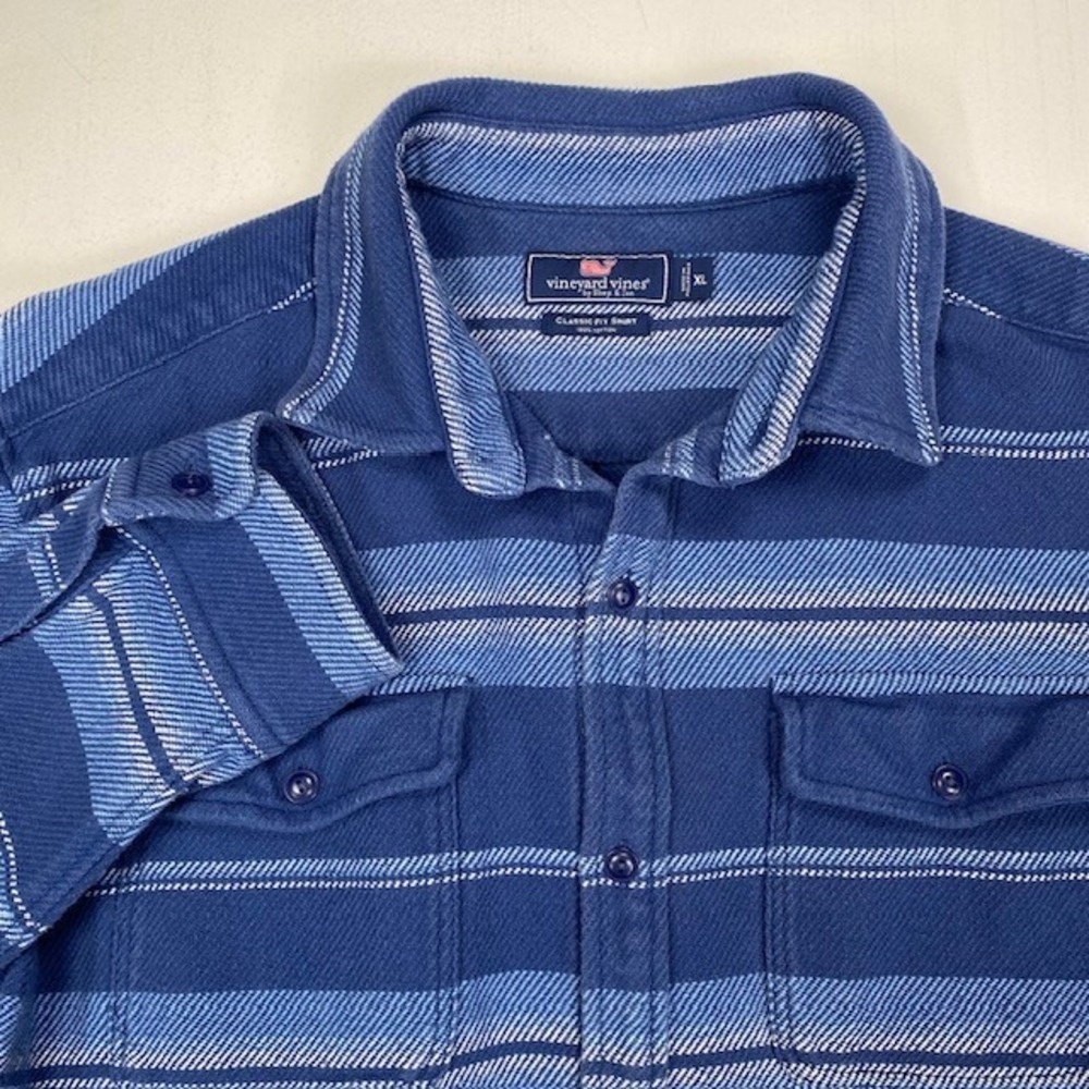 Vineyard Vines Mens XL Blue Striped Flannel Classic Fit Button Up Shacket Heavy